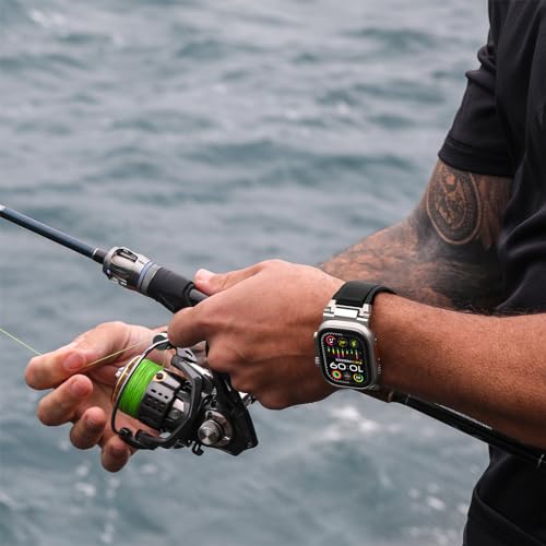 Bandletic R-Steel Strap Compatible with Apple Watch Ultra 2/Ultra 49mm, Series 9/8/7 45mm, Series SE2/6/SE/5/4 44mm, Robust FKM Replacement Bracelet with Elegant Design Metal Connector, Black