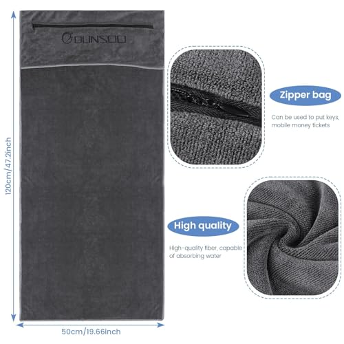 DUNSOO Fitness Towel, 120 x 50 cm, Microfibre Sports Towel with Zip Pocket for Gym and Training, Gym Towel (Dark Grey)