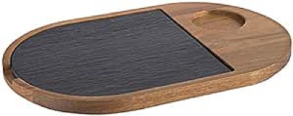 APS Serving Board 2-Piece 28 x 17.5 cm, Heel Diameter 5 cm, Rustic Wooden Board, Chopping Board Made of Acacia Wood, Wooden Board with Natural Slate Plate