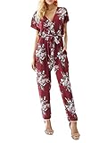 Missy Chilli Women's Floral Print Short Sleeve V Neck Wrap Jumpsuit with Tie Waist Wine Red US 4/6
