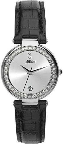 Women's 28mm Black Leather Band Steel Case Quartz Silver-Tone Dial Watch 14263/40X51