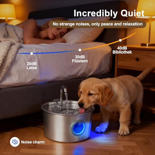 Cat Fountain Stainless Steel 3.2 L, 6 Filters and 6 Sponges | Level window, 0.5W pump and less than 25dB; system with 6 cartridges and 6 pads, detachable for cleaning