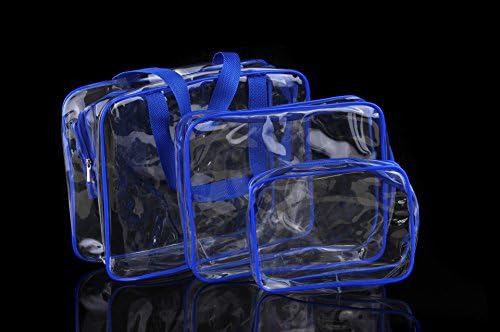 MoDu Pack of 3 Sizes Transparent Waterproof PVC Make Up Bags for Traveling Vacation Toiletry &amp; Storage (Blue)