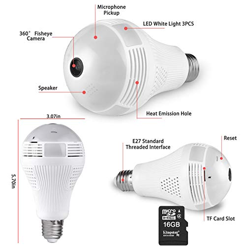 Wireless 1080P Bulb Camera WiFi Home Security Surveillance 360° Fisheye Lens Panoramic with Two Way Talking, Motion Detection (32G)