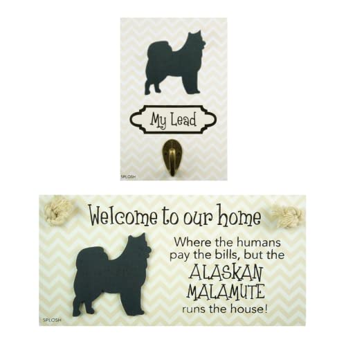 Splosh Alaskan Malamute Precious Pet Collection - Wooden Dog Lead Hook & Plaque Set. Dog Lead Holder Wall Decor & Breed House Sign. Personalised Gifts & Home Decor