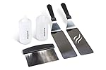 Blackstone 5 Piece Professional Grade Grill Griddle and BBQ Tool Kit with FREE GIFT - 2 Spatulas, 1 Chopper Scrapper, 2 Bottles for Condiments or Water or Oil and A Free Cookbook - Great for Griddle, Grill and Flat Top Cooking in the Backyard, Camping, Tailgating and Everywhere.