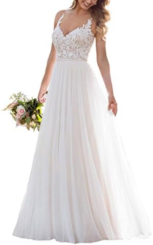 Doramei Women's Floor Length Bridal Gown A-Line V-Neck Tulle Lace Sleeveless Romantic Wedding Dress For Bride White 14