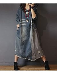 Yesno YL6 - Maxi mono largo de mezclilla para mujer, falda de columpio, bloque de color, cosido, rayado, diseño único de espalda