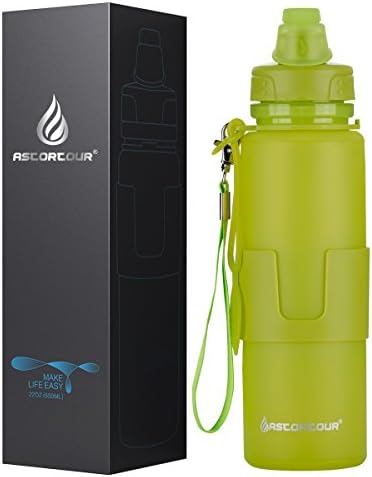 ASTORTOUR Collapsible Water Bottle - Leak Proof Twist Locking Cap - BPA Free Platinum Silicone 22 Ounce - Anti-scald Hand Grip, Removable Lanyard for Hiking Sports Camping (Fruit Green)