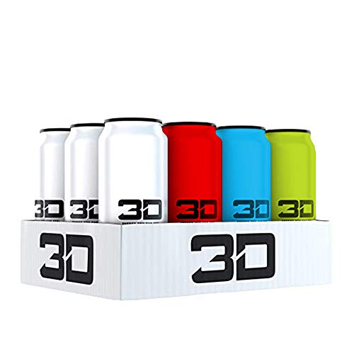 3D Energy Drink | Caffeine, Zero Sugar, Taurine, Panax Ginseng, Inositol, Guarana Seed, L-Carnitine Tartrate, 16 Fluid Ounce  | 12 Pack (3 of Each: Blue, Green, Red, White)