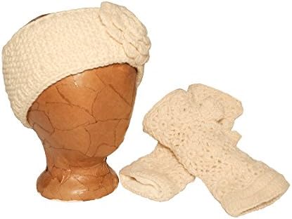 Womens Girls Winter Head Band and Fingerless Hand Warmer Knitted Glove Set (Cream)