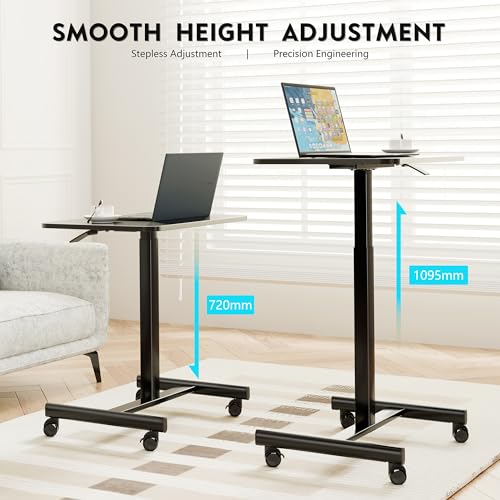 BONTEC Mobile Standing Desk, 65 x 48 cm, Height Adjustable Bed Table, 72-110.5 cm, Rolling Table with 4 Lockable Wheels, Laptop Table for Bedroom, Living Room, Office from Home