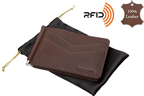 Slim Front Pocket Genuine Leather Money Clip, Minimalist RFID Card Holder Wallet (Dark Brown Vintage)