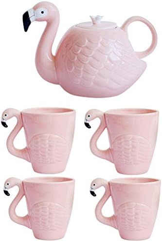 JointVictory 34 oz Teapot and 15 oz Coffee Mugs Set of 5 - Unique Flamingos Style Milk Coffee Tea Cup Ceramic Porcelain Kettle - Microwave and Dishwasher Safe (1 Kettle + 4 Mugs)