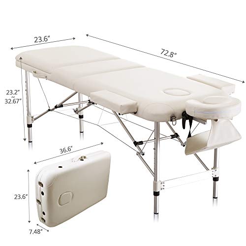 Protable Massage Table 73" Aluminium Spa Bed 3 Fold Height Adjustable with Carrying Bag and Additional Accessories,White