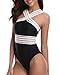 Holipick Women 1 Piece Sexy See Through Mesh Front Criss Cross Color Block Padded Monokini Swimsuit Black L