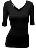 HASLRA Women's V-neck Sexy Top_95% Modal_Stretch Top (BLACK-S)