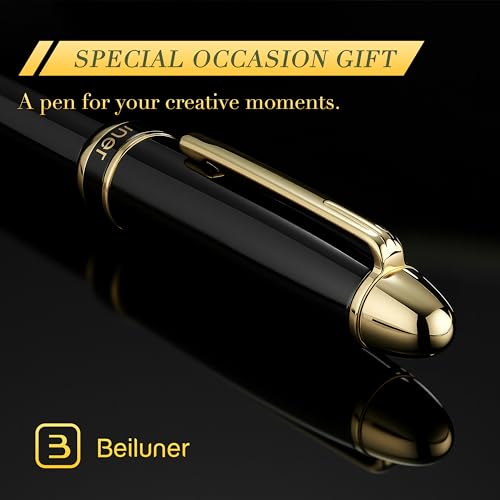 BEILUNER 315 Bolígrafo Roller de Lujo, Acabado en Oro 24K Premiun y Laca Piano Pulida, Set de Regalo Ejecutivo para Profesionales y Graduados, Estilográfica de Oficina Refinada - Negro y Oro