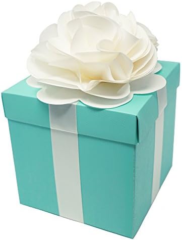 Robin Egg Aqua Blue Wedding Centerpiece Favor Box with Lid & Self Adhesive Satin Ribbons & Ivory Tissue Paper Flower Bow (10 Count)