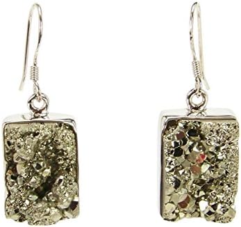 India Gems Dangle Earrings with Rectangular Metallic Pyrite Drops in Silver