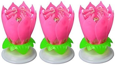 3pcs pack Cake Topper Musical Birthday Candles Two Layers Rotating Lotus Flower Decoration Light Candle Blossom Different Colors (Pink)