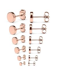 Juego de 6 pares de aretes de acero inoxidable de 0.71 oz con parte superior plana para hombre y mujer, tamaños surtidos de 3 a 0.315 in