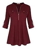 Ya Ya Hood Womens Split V-Neck 3/4 Roll-Up Sleeve Zip Up Casual Shirt Blouse Top