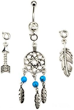 Dreamcatcher Belly Button Navel Ring Interchangeable with Feather and Arrow Dangle Charms Body Jewelry