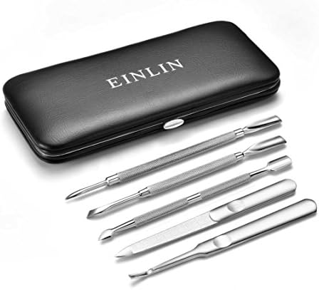 Cuticle Pusher &amp; Trimmer Tools 5-in-1 EINLIN Best Antibacterial Stainless Steel for Removing Cuticle and Cleaning Spoon Nail with Leather Travel Case