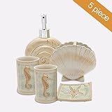 HotSan bathroom accessory Set, 5 PCS Beach Seashells Ensemble Set Includs Soap Dispenser, Soap Dish, Tumble, Toothbrush Holder - Ivory Polyresin Set for Man, Woman, Kids