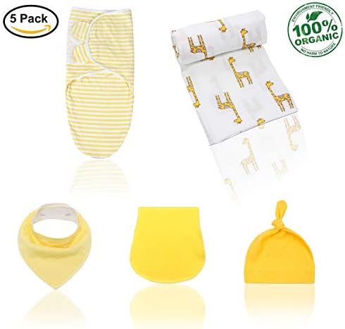 Quality Newborn Baby gift 5 set Adjustable Infant Wrap Sleeping Bag Muslin Swaddle Receiving Blanket 100% Cotton with Hat & Bandana Drool Bib for Drooling and Teething & Burp Cloth Kiddytopia (Yellow)