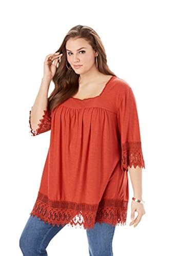Roamans Women's Plus Size Lace-Trimmed Squareneck Tunic Long Shirt