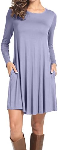 peassa Women's Plain O Neck Pockets Loose Casual Swing T-Shirt Dress
