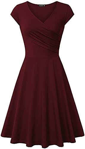 Women's Casual Cap Sleeve V Neck Fit and Flare A Line Cocktail Dress Burgundy S