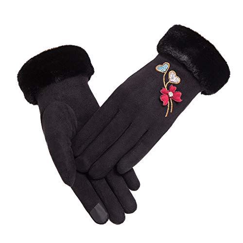 Pausseo Women Deerskin Flower Gloves,Lady Winter Warm Outdoor Sport Full Finger Solid Color Touchscreen Mittens Fleece Thicken Plush Outdoor Mittens Students Knitted Wool Casual Play Snow