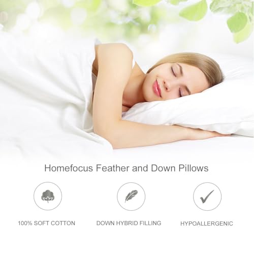 HOMEFOUCS Luxury Feather and Down Pillows, pack of 2 100% Cotton Shell, Soft Hotel Quality Pillows (40% Down)