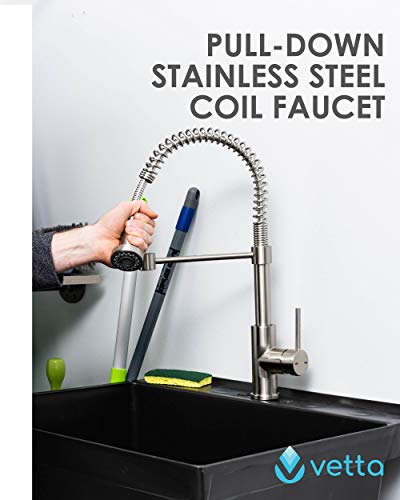 Black Utility Sink Laundry Tub with Commercial Grade Stainless Steel Pull Down Sprayer Faucet, Integrated Supply Lines, and Drainage are Included, Free Standing Wash Station, Heavy Duty Floor Mounted - Thumbnail 2