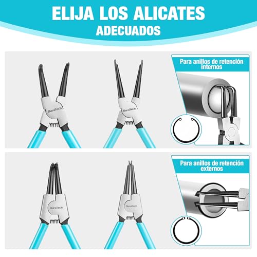 DURATECH 4 Piezas Alicates Circlip de 180 y 165 mm con Mango Antideslizante | Alicates para Anillos de Retención Internos y Externos, Puntas Rectas y Curvas, Acero al Carbono, Bolsa de Almacenamiento