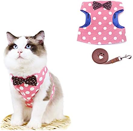 Cat Harness and Leash for Walking Escape Proof, Cute Bow Tie Cats Jacket, Adjustable Kitten Harnesses Lead Set Soft Nylon Pet Clothes, Polka Dot Kitty Vest for Small and Medium Cats