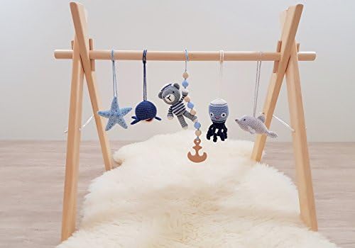 Nautical baby play gym with 5 toys. Baby gym wood, crochet baby gym toys. Bear the sailor, dolphin, whale, octopus, starfish. Sea, marine. Handmade in eastern Europe.