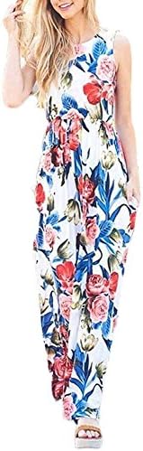 GABREBI Women's Sleeveless pockets Maxi Dress Vintage Floral Print Casual Long Tunic Dresses (White Red Flower S)