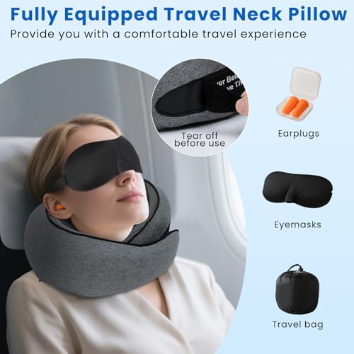 Aeroplane Neck Pillow, Support Neck Travel Pillow, Includes Storage Bag, Eye Mask, Ear Plugs, Removable Cover, Travel Pillow for Plane, Train, Car & Business Trips, Large, Dark Grey