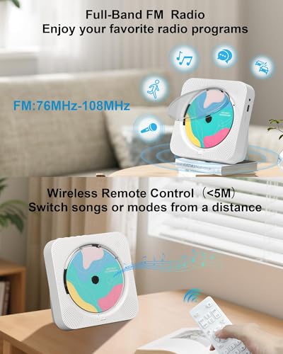 CD Player Portable with Bluetooth 5.1Desktop CD Player with HiFi Sound Speakers,Remote Control,Dust Cover,LED Display,Boombox FM Radio,USB/AUX for Home,Gift,Kids(White)