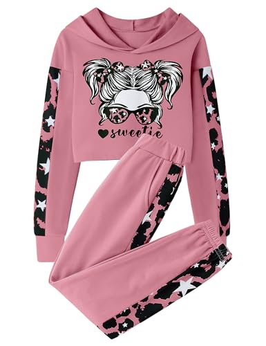 Crazyme Clothes for Teen Girls Cool Girl Pink Print Drop Shoulder Pullover and Jogger Leggings 2PC Girls Size 10 Clothes at Amazon
