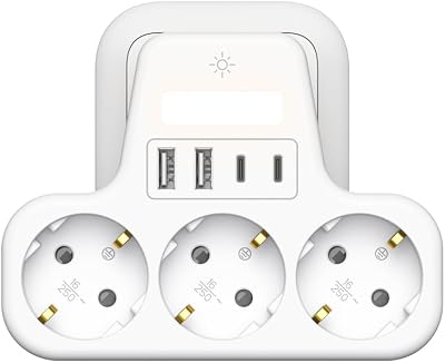7 en 1 Regletas Enchufes 2 USB, Ladron Enchufes Plano con 2 USB C, 3 Tomas Ladrón Enchufes Multiples con LED, Triple Cargador Multiple 3680W, Regleta Pared para Oficina, Blanco