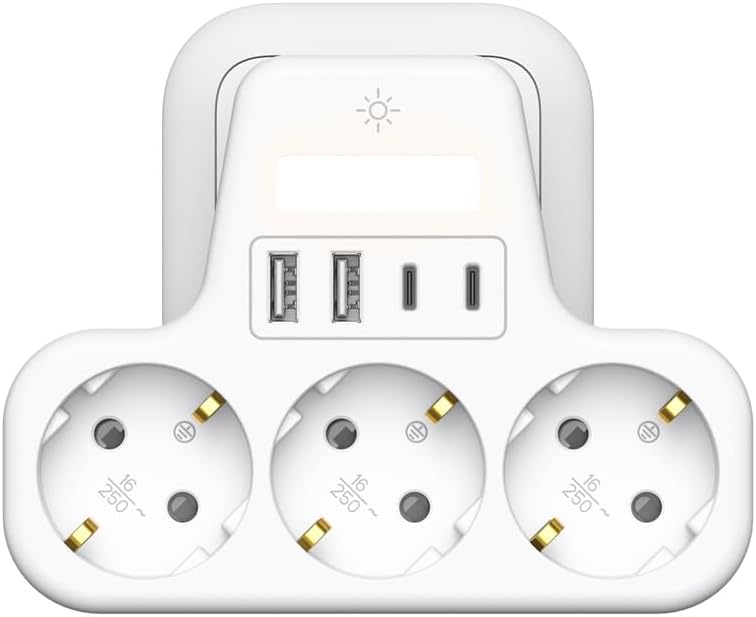 7 en 1 Regletas Enchufes 2 USB, Ladron Enchufes Plano con 2 USB C, 3 Tomas Ladrón Enchufes Multiples con LED, Triple Cargador Multiple 3680W, Regleta Pared para Oficina, Blanco — foto 1 de 8