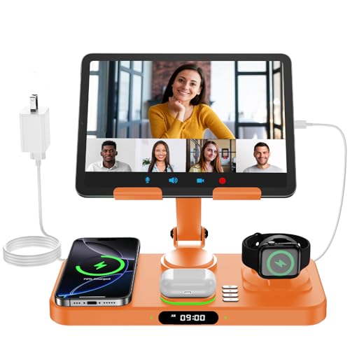 6 in 1 Wireless Charger for Apple Multiple Devices, Charging Station with Clock &7 Color Ambient Light, Foldable Rotate Stand for iPad, for iPhone17/16/15, Support for Apple Watch11/10 for AirPods4