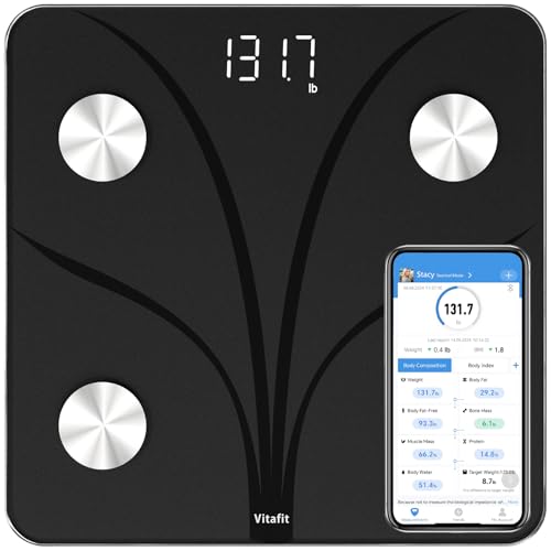 Vitafit Bluetooth Connected Personal Scales, Body Fat and Body Fat Scales with 13 Body Data (BMI/Body Fat/Bone Mass), 182 kg Black