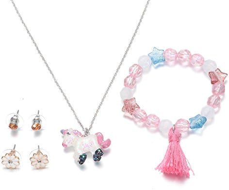 Onnea Pink Tone Cute Unicorn Pendant Necklace Flower Earrings Bracelet Jewelry Set for Kids Girls (Unicorn set)