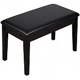 Kunova (TM) Black Solid Wood Leather Duet Piano Bench Padded Double Duet Keyboard Seat Storage 29" L x 14" W x 18" H